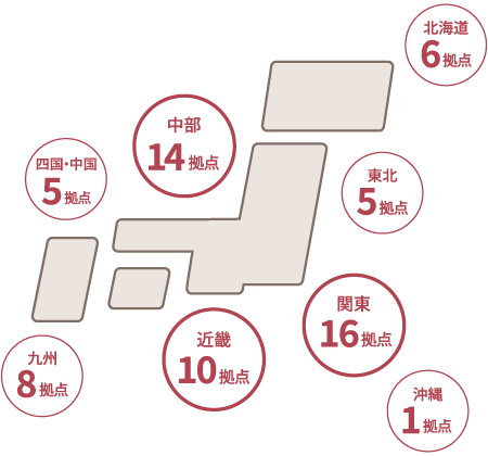 北海道6拠点 東北5拠点 関東16拠点 近畿10拠点 中部13拠点 四国・中国5拠点 九州8拠点 沖縄1拠点